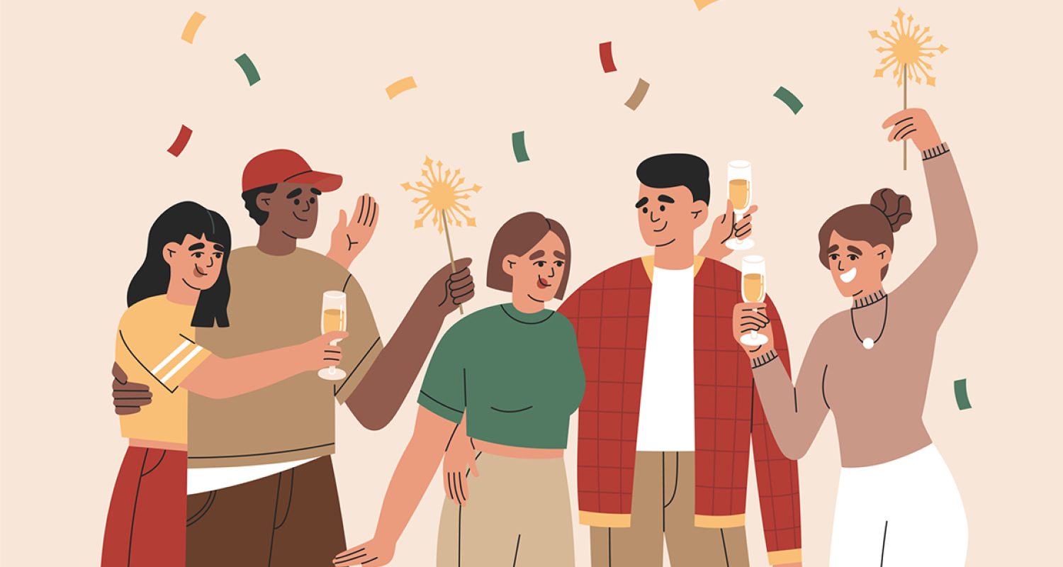 Group of happy mans and girls celebrating holiday with sparklers, confetti and drinks flexibla högtider
